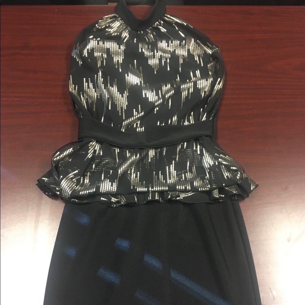 Mystic black with gold detail mini peplum dress